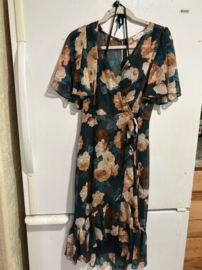 Calvin Klein Forest Green Floral Wrap Midi Dress with Beige Roses